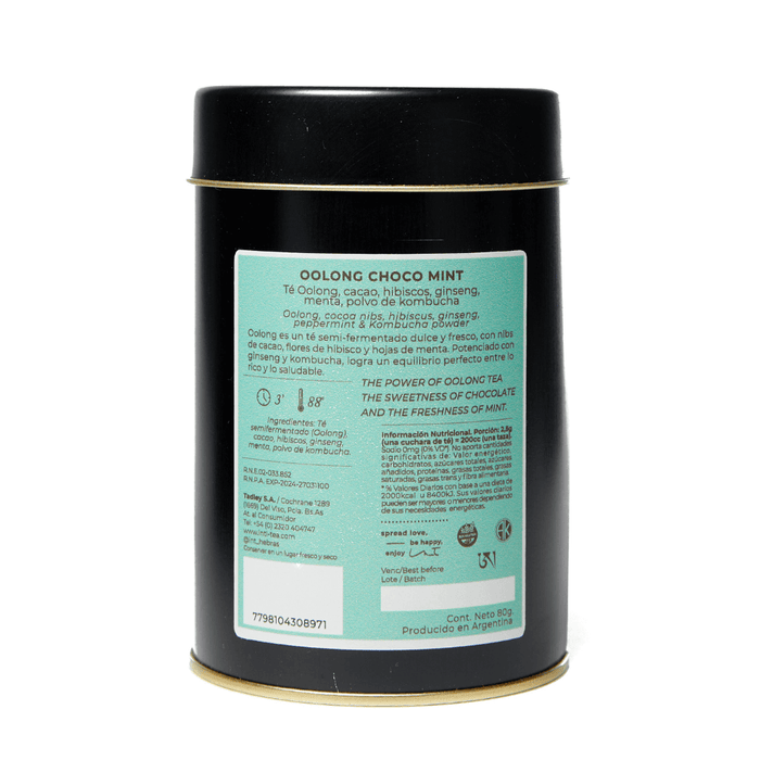 Oolong Choco Mint - Té Oolong, cacao, hibiscos, ginseng, menta, polvo de kombucha - lata 80gr - atras