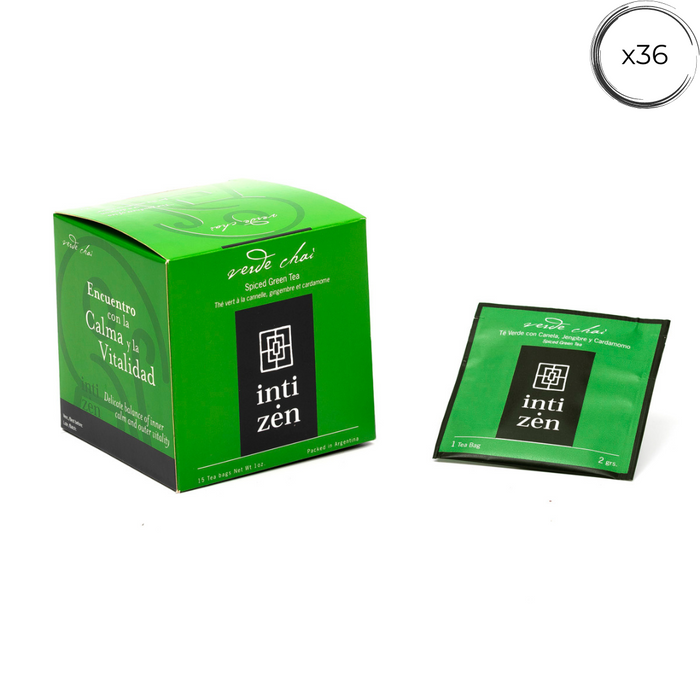 Verde Chai - 36 saquitos - Té Verde de Oriente con Canela, Jengibre y Cardamomo